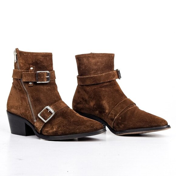 AllSaints Women Lior Brown Suede Buckle Strap Zip Western Boots sz 8US EUR 38 - Picture 1 of 8